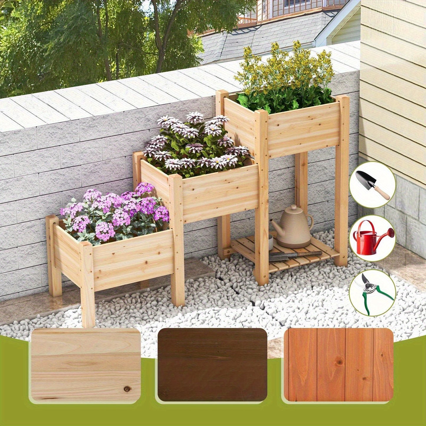 3-Tier Raised Wooden Garden Bed with Drainage System & Open Storage Shelf - Natural Fir Wood Planter Boxes for Flowers, Vegetables, and Herbs - Spacious Outdoor Gardening Solution for Easy Plant Care