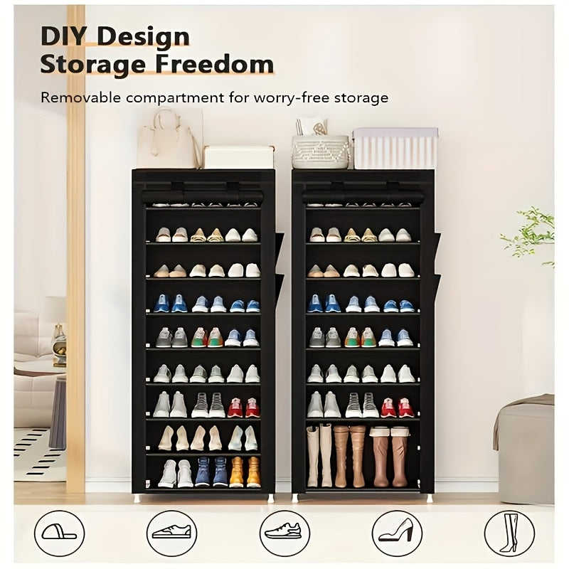 10-Tier High Capacity Shoe Rack with Dust Cover, Space-Saving Design, Easy Assembly, Durable Plastic & Metal Construction, Perfect for Home Entryways and Closets, Holds Up to 8.82LB, Black, Shoe Storage Organizer