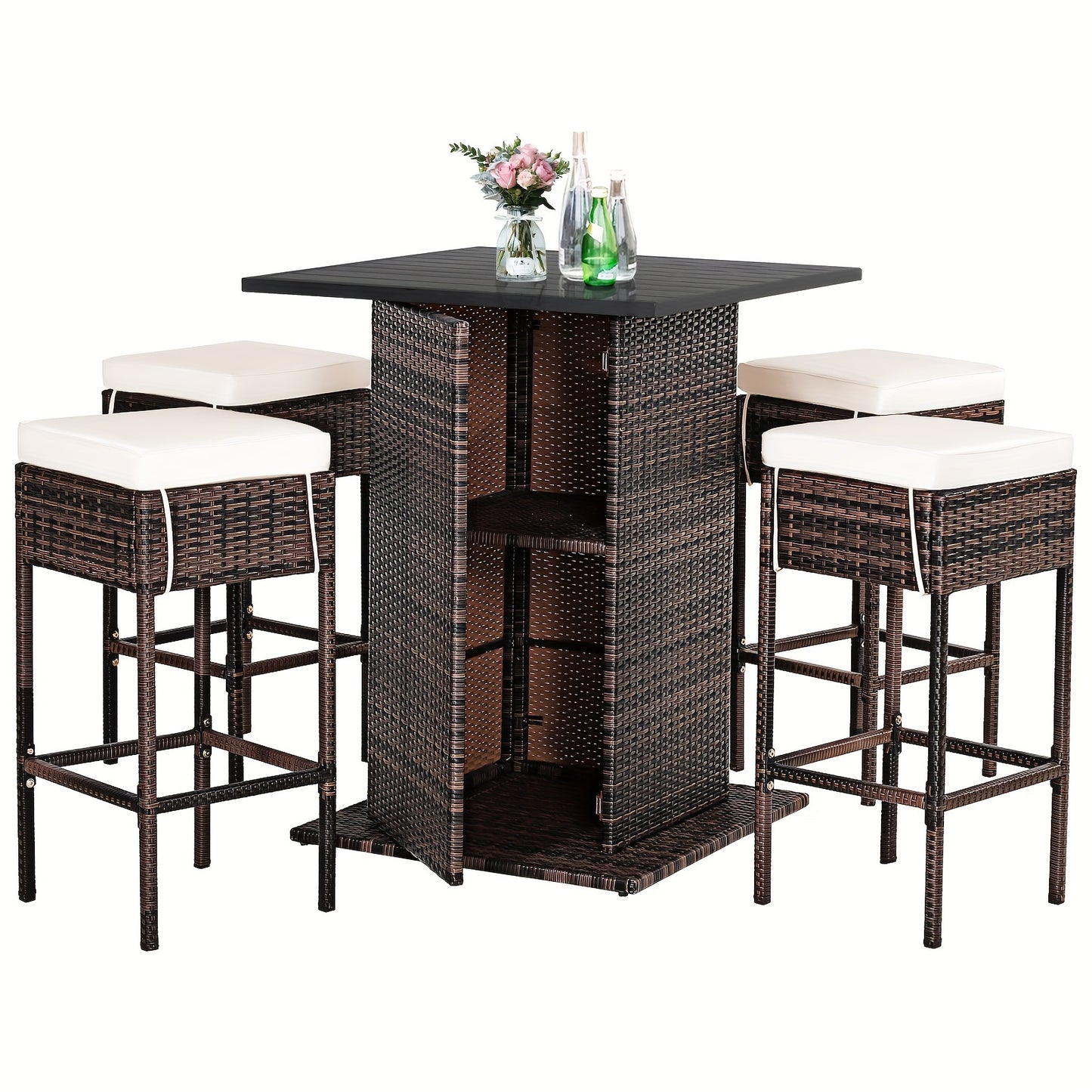 5pcs Rattan Patio Bar Set with Hidden Storage - Includes Table, 4 Stools & Waterproof Cushions - Weather-Resistant PE Wicker for Outdoor Gatherings, Shelf