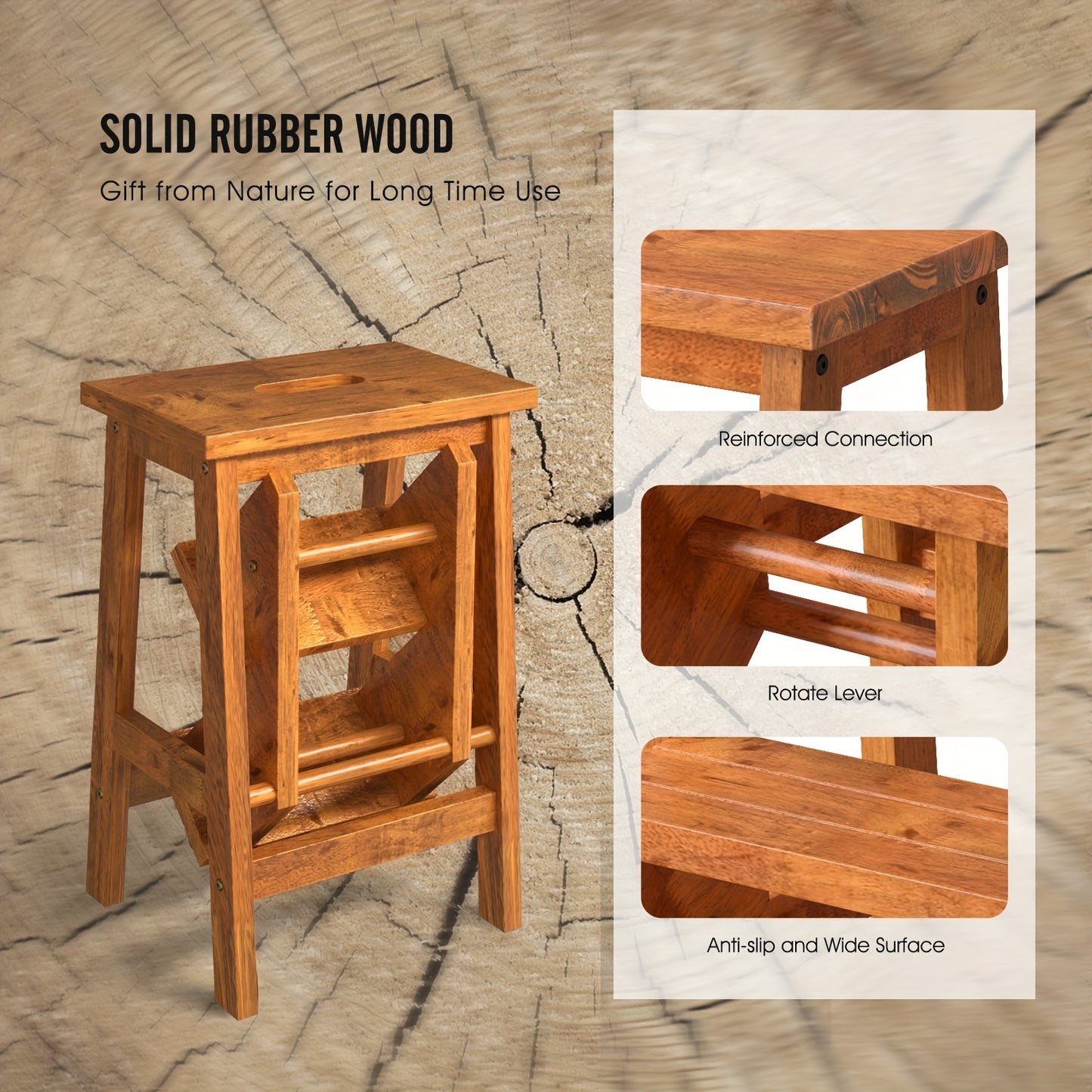 3-in-1 Folding Step Stool | 24" | Rubber Wood | Durable & Portable, Sturdy Ant-Slip Surface, 200 lbs Capacity Per Pedal | Home, Garage, or Garden Use | Rustic Wood | Secure Connection Joints