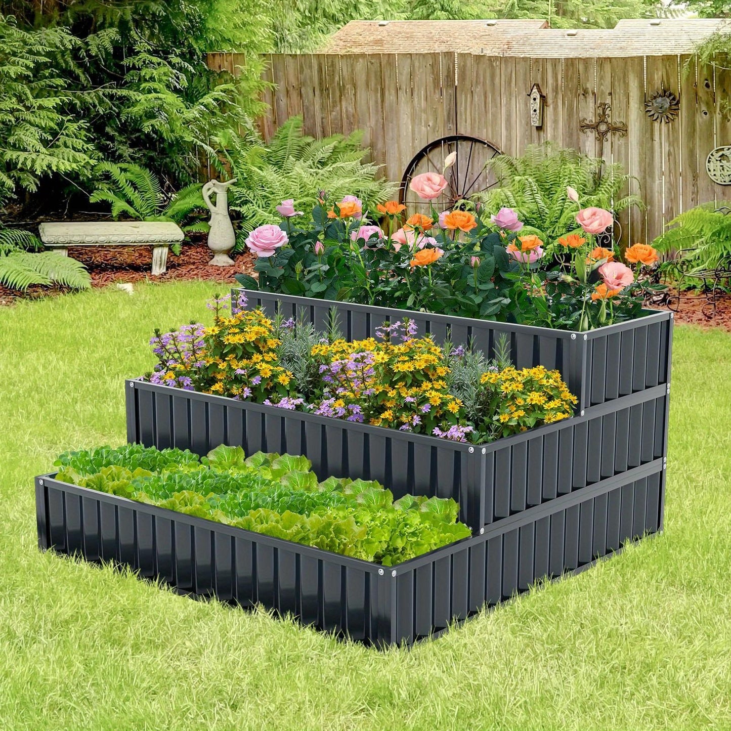3-Tier Raised Garden Bed, 47" x 47" x 24" Heavy-Duty Metal Outdoor Planter Box w/ Open-ended Base, Elevated Planter Box for Vegetable Fruit Flower Herb, Patio Garden Backyard Raised Bed Kit