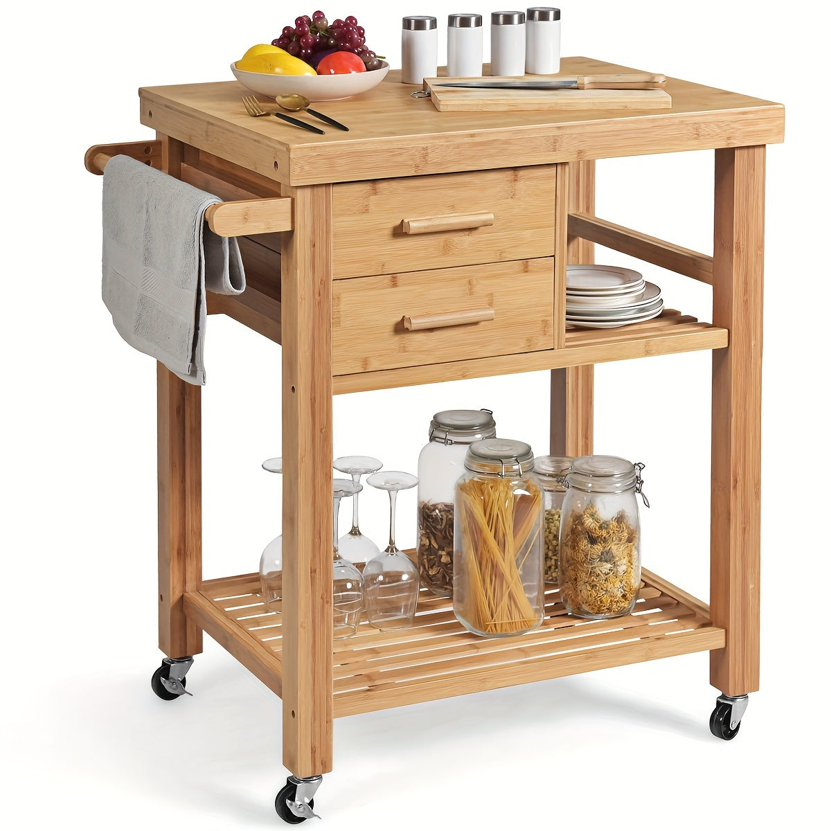 Bamboo Rolling Kitchen Trolley Cart With Towel Rack And Drawers, Classic Style, Portable Wood Island On Wheels, Versatile Storage For Home And Dining
