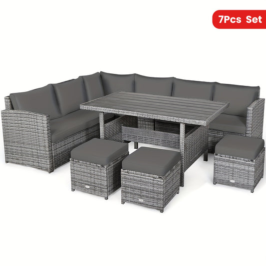 7pcs Patio Rattan Dining Set, Sectional Sofa Couch Ottoman For Garden Gray