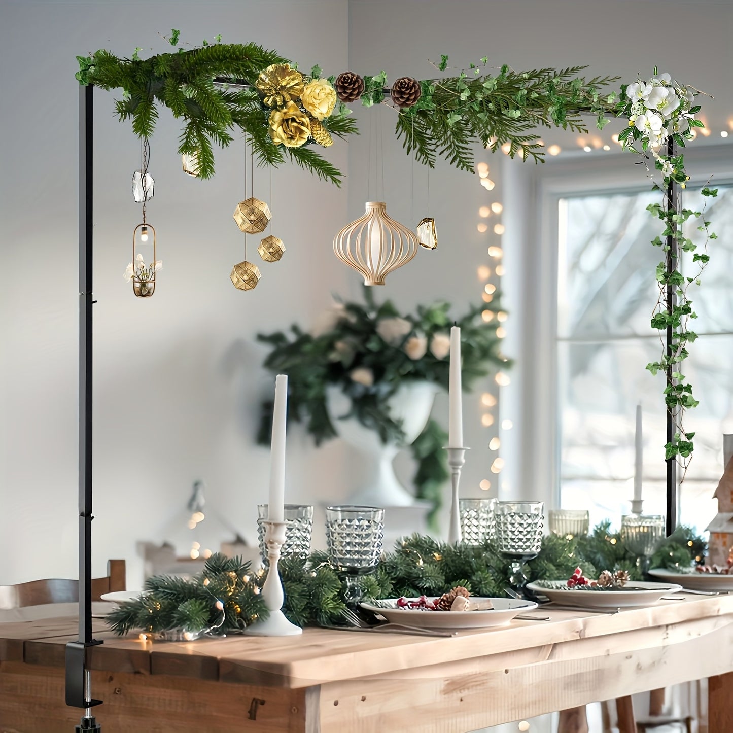 Adjustable Golden & Black Metal Tabletop Arch Stand with Clamps - Versatile Event Decor for Weddings, Parties, Holidays - Perfect for Floral Arrangements, Photo Backdrops & Festive Centerpieces - Sturdy Decorative Stand for Table Displays