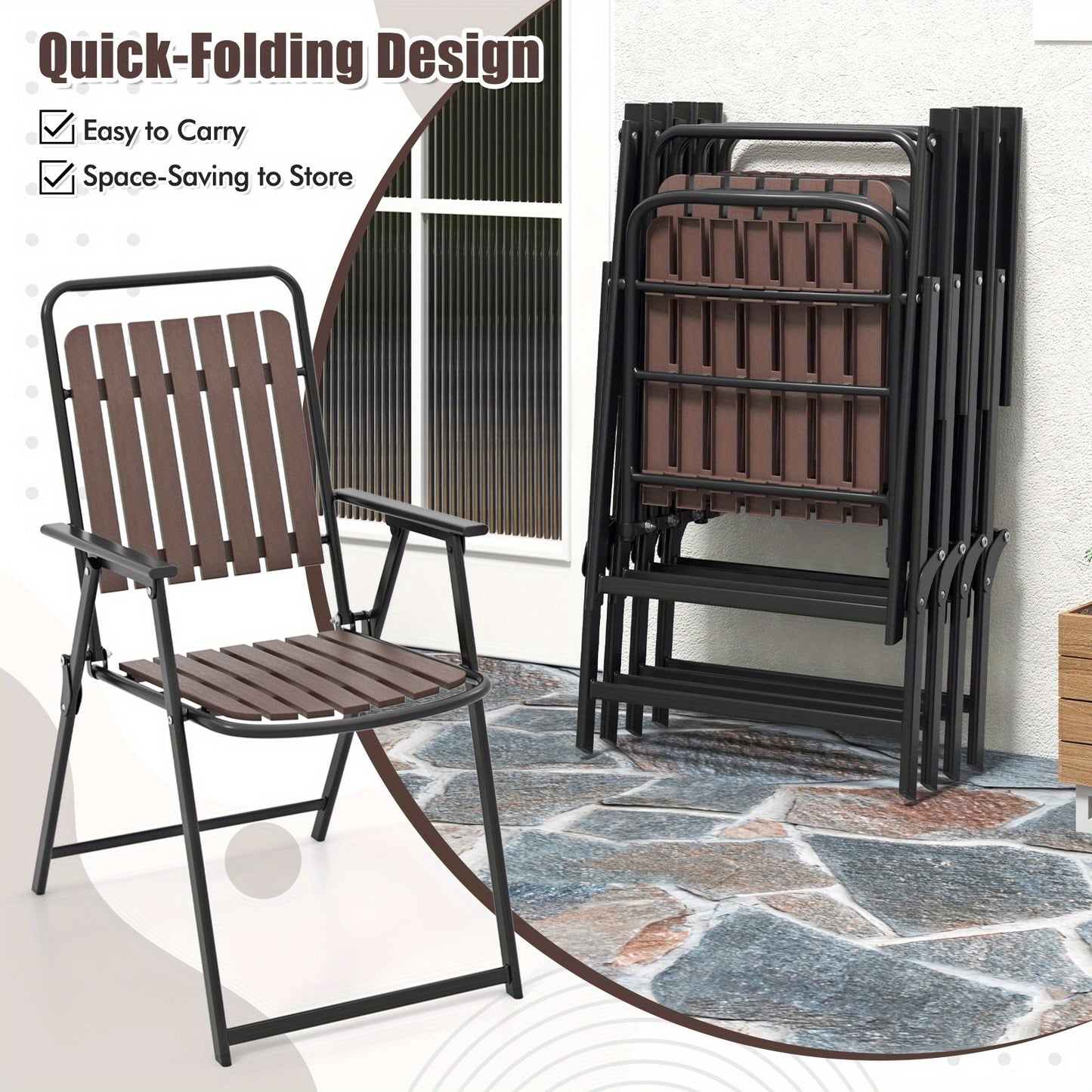 4pcs Patio Folding Chairs, Portable Outdoor Dining Chairs w/ PP Seat & Back, 400 LBS Heavy-Duty Metal Frame, Space-Saving Outdoor Slatted Chairs for Yard, Balcony, Porch.