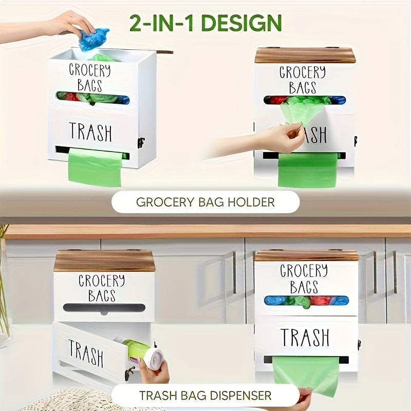 2-in-1 Wooden Garbage Bag Dispenser & Organizer, Large Capacity, Wall-Mount Or Cabinet Hanging Storage for Kitchen And Bathroom Essentials, White/Black