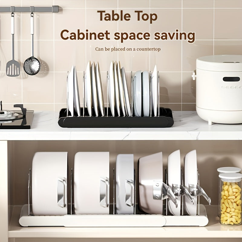 Expandable Pot Lid Organizer Rack, Adjustable Kitchen Cabinet Storage with Drain System, ABS Dishware Tiered Shelf for Cabinet, Countertop, Under Sink Organization Christmas, Halloween Gift
