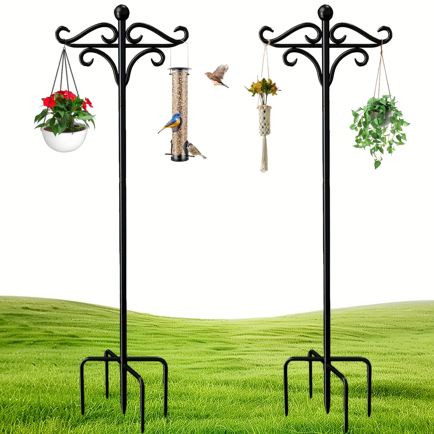 1/2pcs Heavy Duty Double-Sided Garden Hooks - Sturdy 5-Prong Metal Poles for Bird Feeders, Planters & Lanterns | Weather-Resistant Outdoor Decor, Effortless Setup