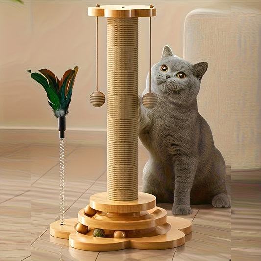 1pc Whisker Wonders Solid Hardwood Cat Scratching Post with Turntable - Interactive Teaser Stick, Scratch-Resistant Board & Sisal Climbing Stand for Active Cats
