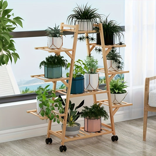 3-Tier Wooden Plant Stand with Wheels - Mobile Indoor/Outdoor Rolling Shelf for Potted Plants, Space-Saving A-Frame Design, Rustic Home Decor & Gardening Tool Organizer, Durable Wooden Construction