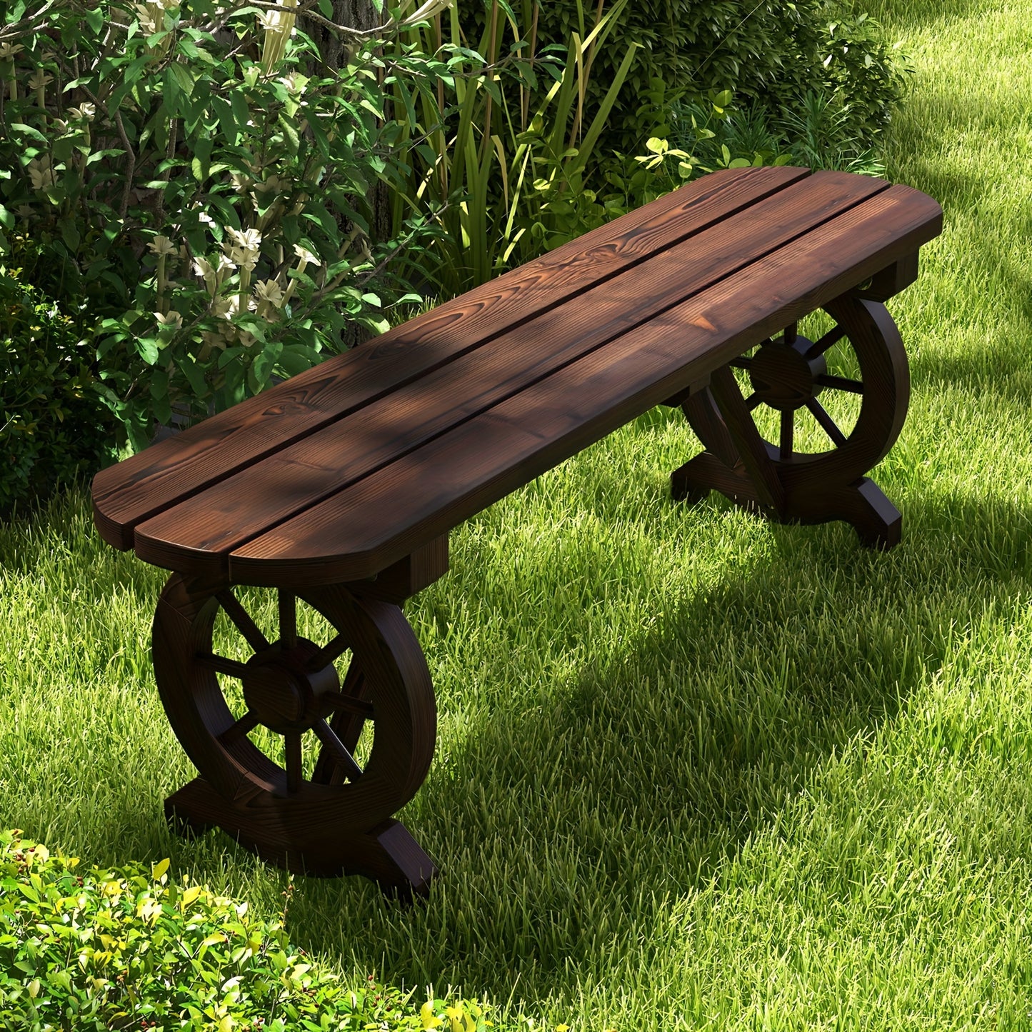 Patio Wood Bench, Outdoor Rustic Wagon Wheel Bench, 2-Person Wooden Outdoor Bench For Patio, Garden, Porch, Park, 710 Lbs Weight Capacity, Brown