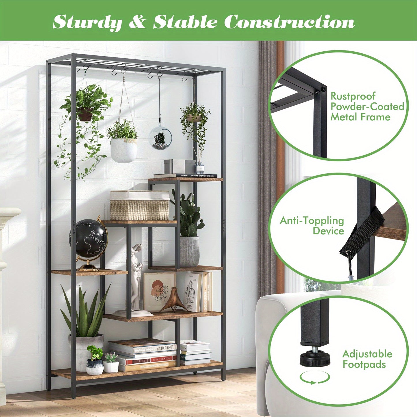 6-Tier Indoor Plant Stand 71" Tall, Sturdy Metal & Wood Plant Shelf with 10 S-Hooks, Large Capacity Vertical Space-Saving Design for Potted Plants, Bonsai, Books, Living Room, Balcony, Office, Balcony Organizer, Modern Aesthetic, Powdercoated Finish