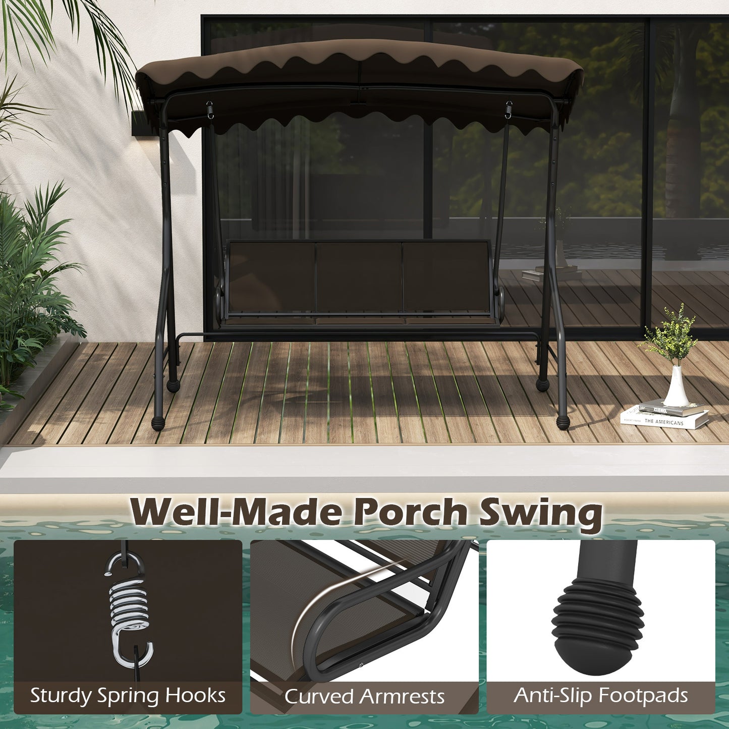 3-Seat Outdoor Swing, Porch Canopy Swing w/ Adjustable Shading, Heavy-Duty Metal Frame & Breathable Seat, Patio Sunset Hanging Swing for Backyard, Poolside, Balcony