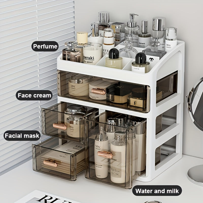 Elegant 3/4-Tier Polished Plastic Cosmetic Organizer for Women - Hypoallergenic, Dustproof Makeup & Skincare Storage Case with Drawers, Large Capacity Display for Perfume, Creams, Masks - No Assembly Required