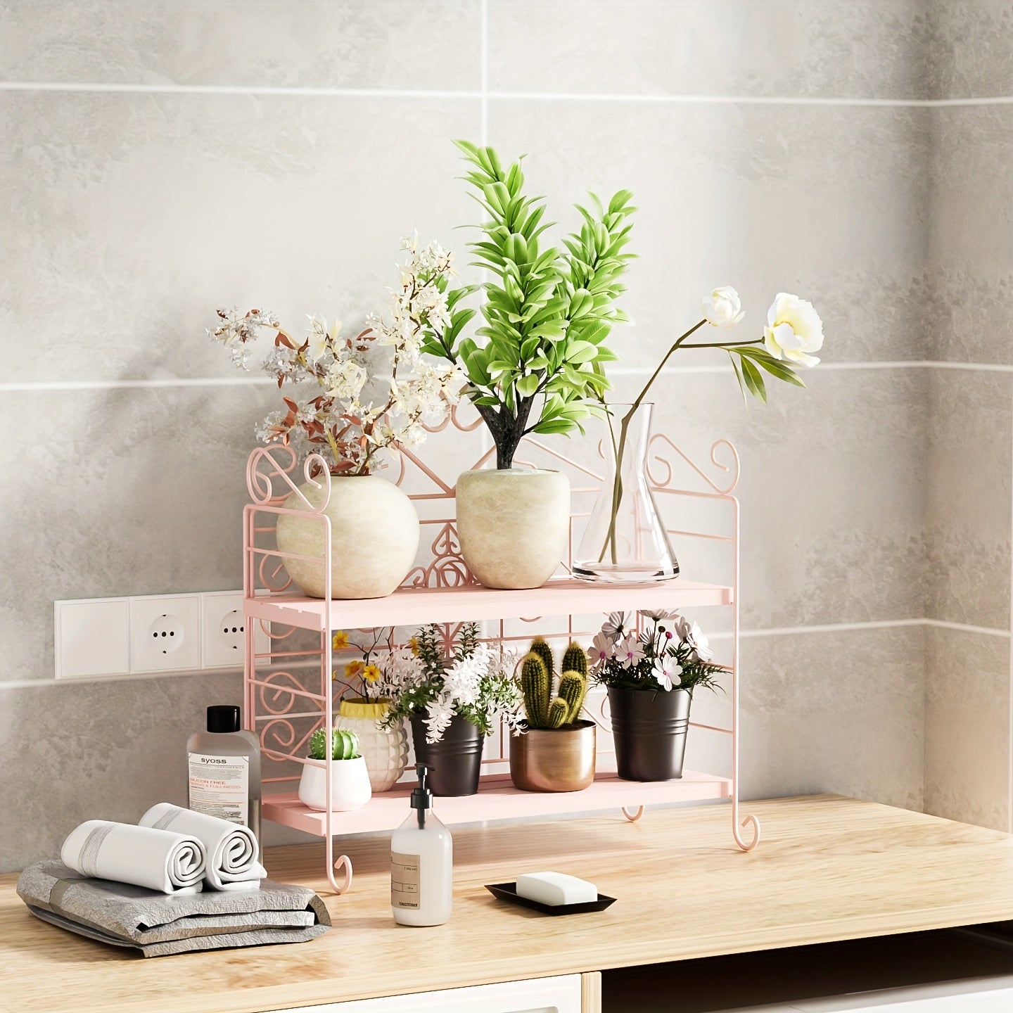 2- Shelf Foldable Metal/Wood Storage Organizer For Bedroom Kitchen Bathroom Living Room Garden Storage Shelf, White/Pink, Utility Racks
