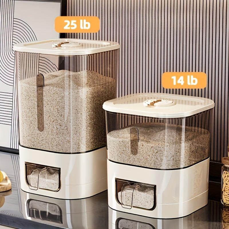 14/25lb Automatic Rice Dispenser with Cup, Large Capacity, Moisture-Proof And Sealed Rice Storage Container, Suitable for Rice, Grains, Flour, Pet Food, And Other Kitchen Supplies
