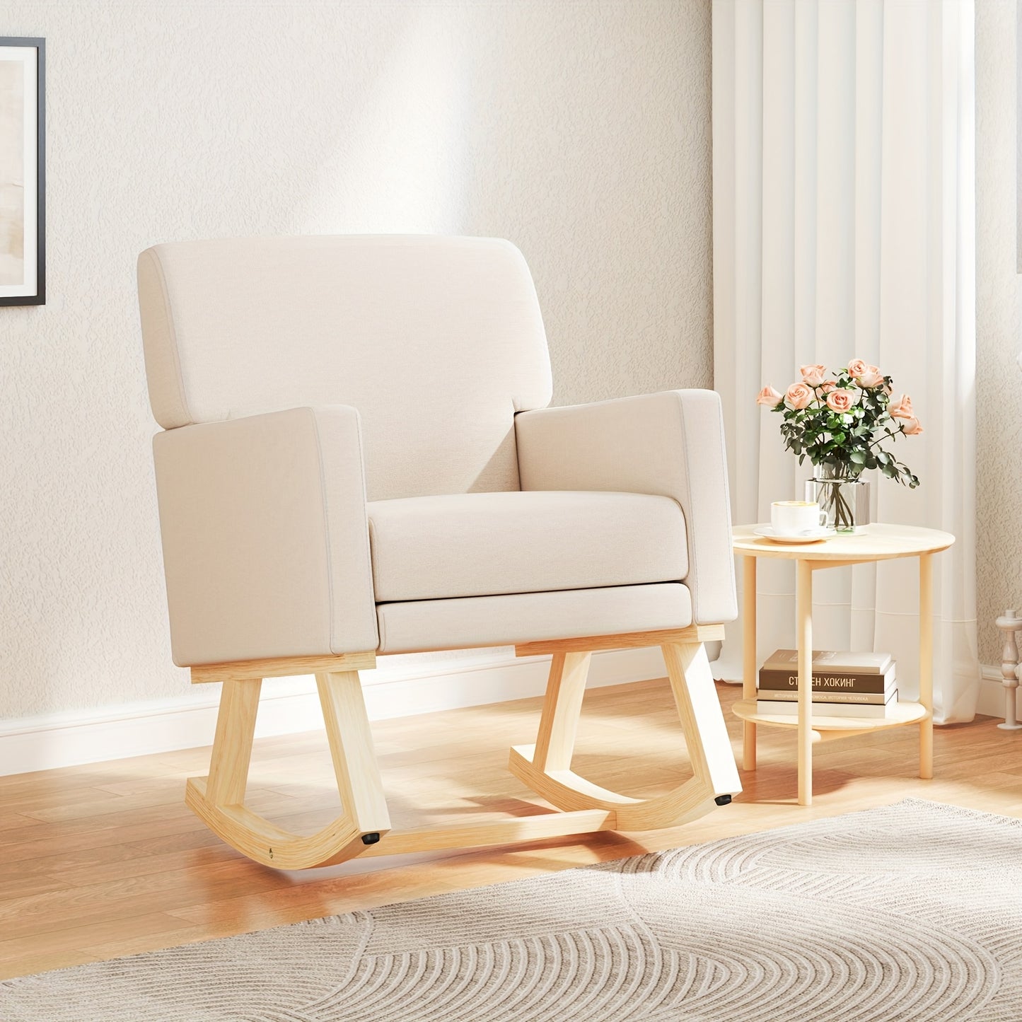 Mid Century Fabric Rocking Chair Upholstered Accent Armchair Lounge Chair Beige