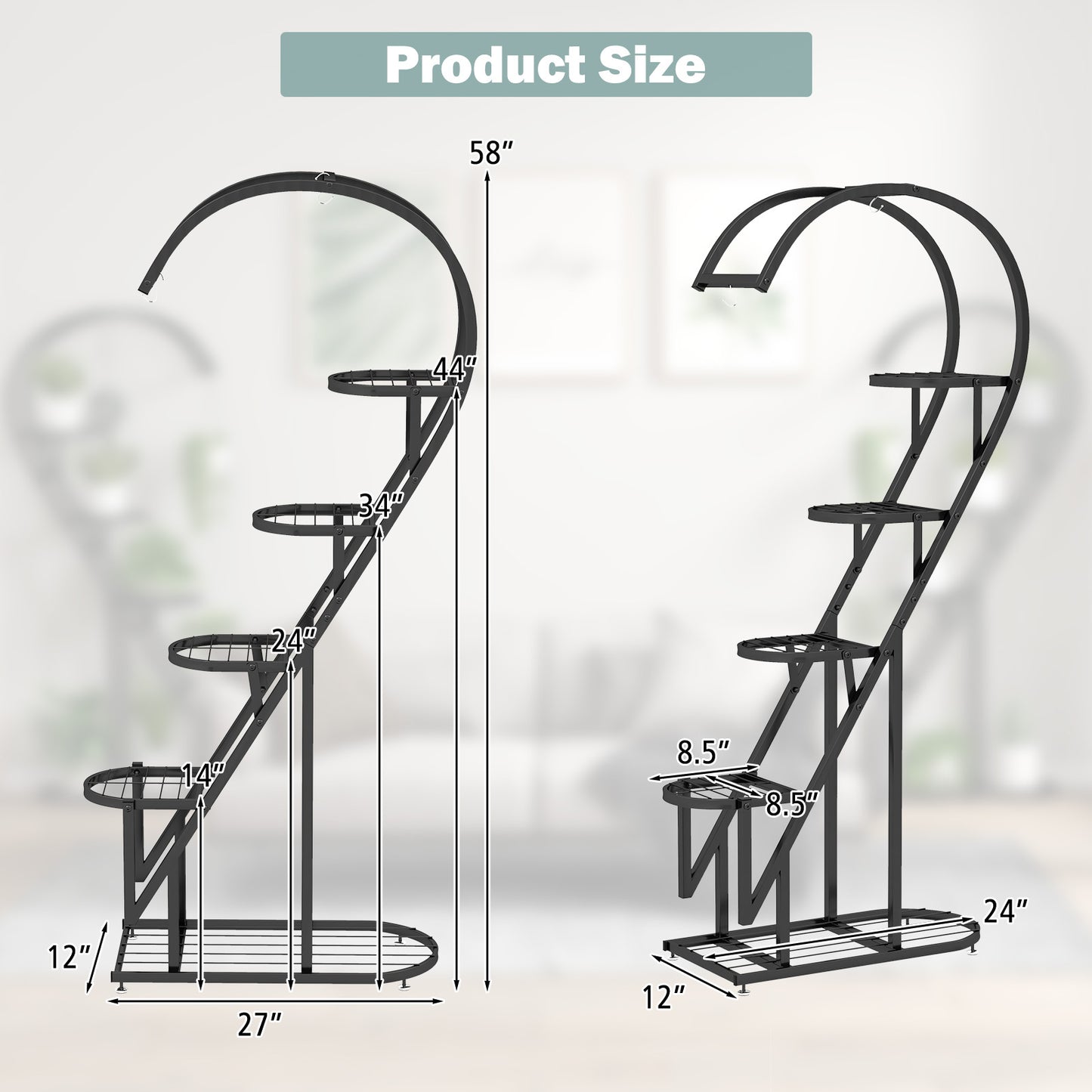 5 Tier Metal Plant Stand, Heart-shaped Ladder Plant Holder w/Hanging Hook for Multiple Plants, Indoor Corner Flower Rack for Home Decor, Patio, Balcony, Garden, Black/White/Pink & Blue