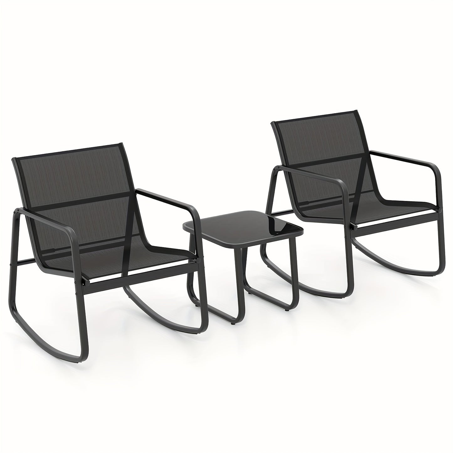 3pcs/set COSTWAY Patio Rocking Chairs Set - 2 Rocking Bistro Chairs & Glass-Top Table For Porch