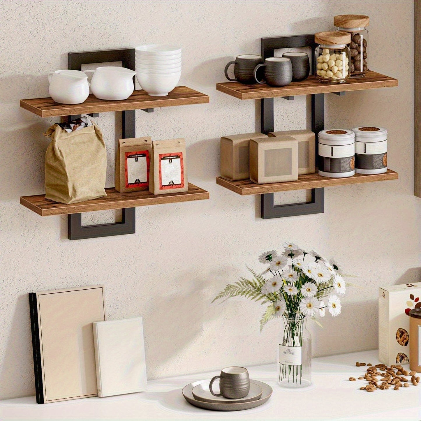 Set Of 2 Floating Shelves | 2 Tiers | Wall-Mounted Storage | For Bathroom, Living Room, Bedroom, And Kitchen