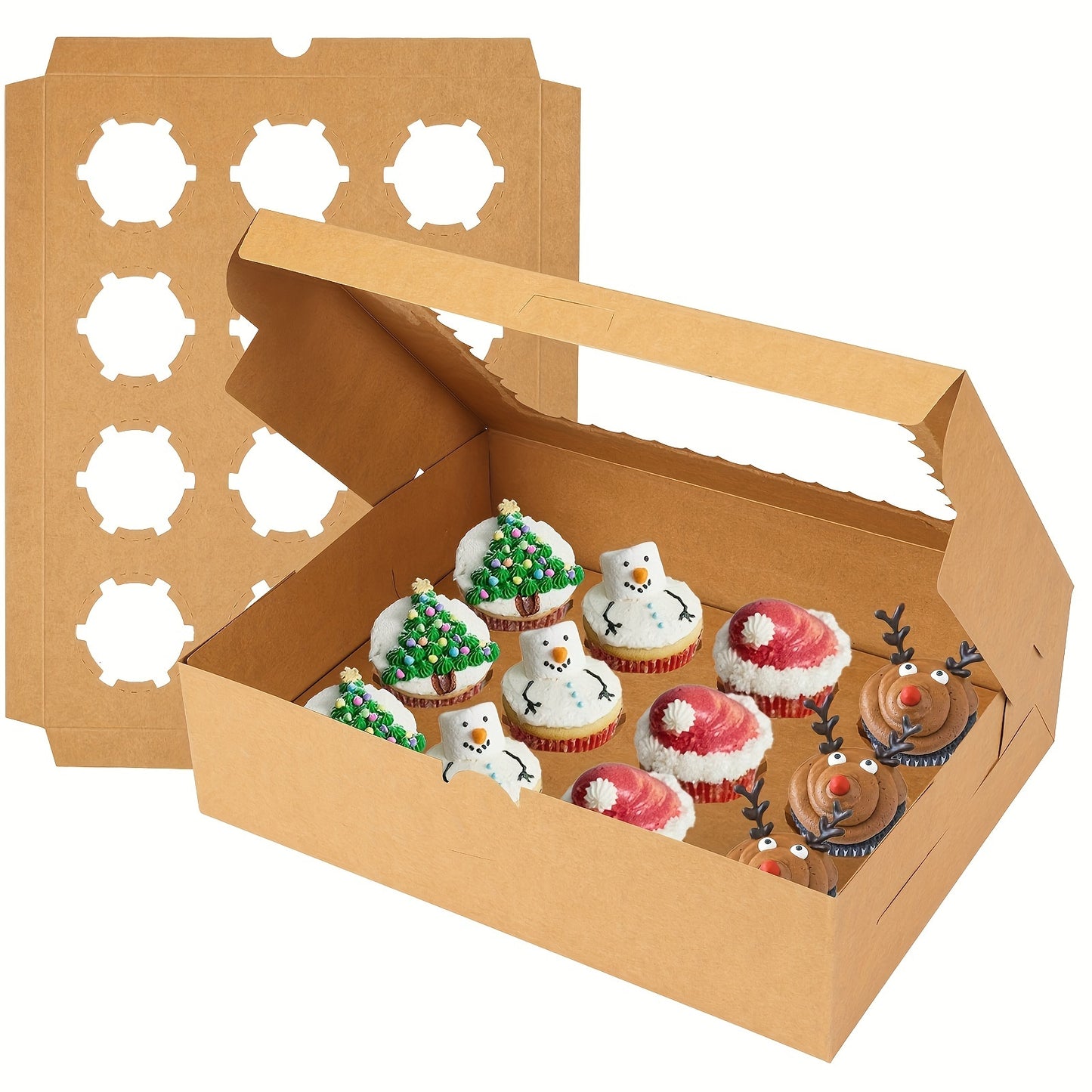 24/48/96pcs Brown Cupcake Containers - Kraft Bakery Carrier Boxes with Windows, Holds 12pcs Cupcakes, 13x10x3.5in, Includes Cardboard Inserts, Perfect for Christmas Gift Boxes, Muffins And Pastries