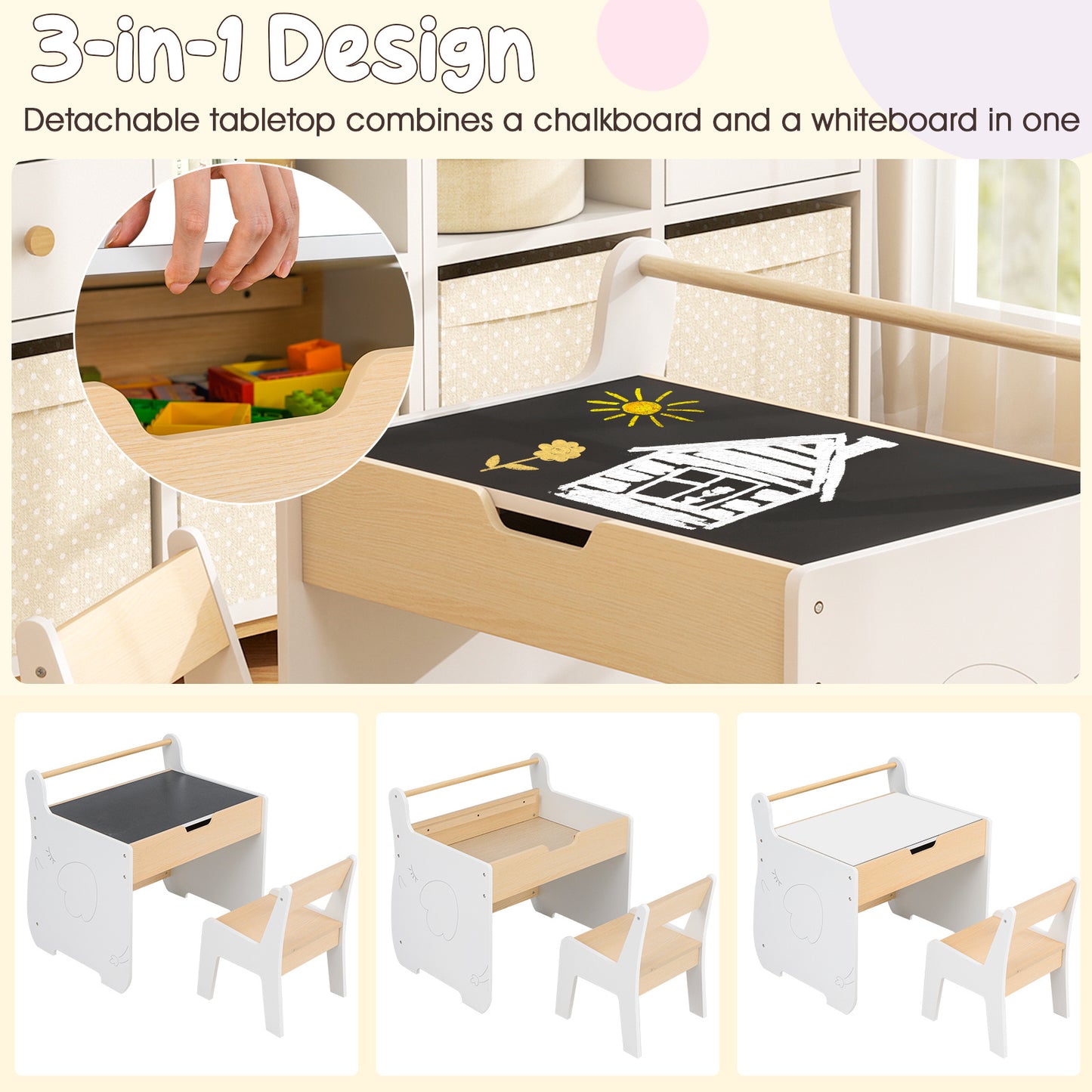 Kids Table and Chair Set, Wooden Activity Desk and Chair Set with 2in 1 Detachable Tabletop, Storage and Paper Roll Holder for Classroom, Home, Nursery and Playroom, Natural White