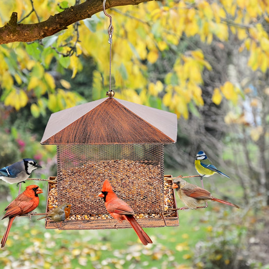 1pc Rustic Metal Bird Feeder with Squirrel Guard - Heavy-Duty Hanging Wild Bird Feeder for Garden, Patio, Backyard - No Electricity or Batteries Required, Outdoor Decorative Wildlife Feeding Station, Bird Feeders for Outside