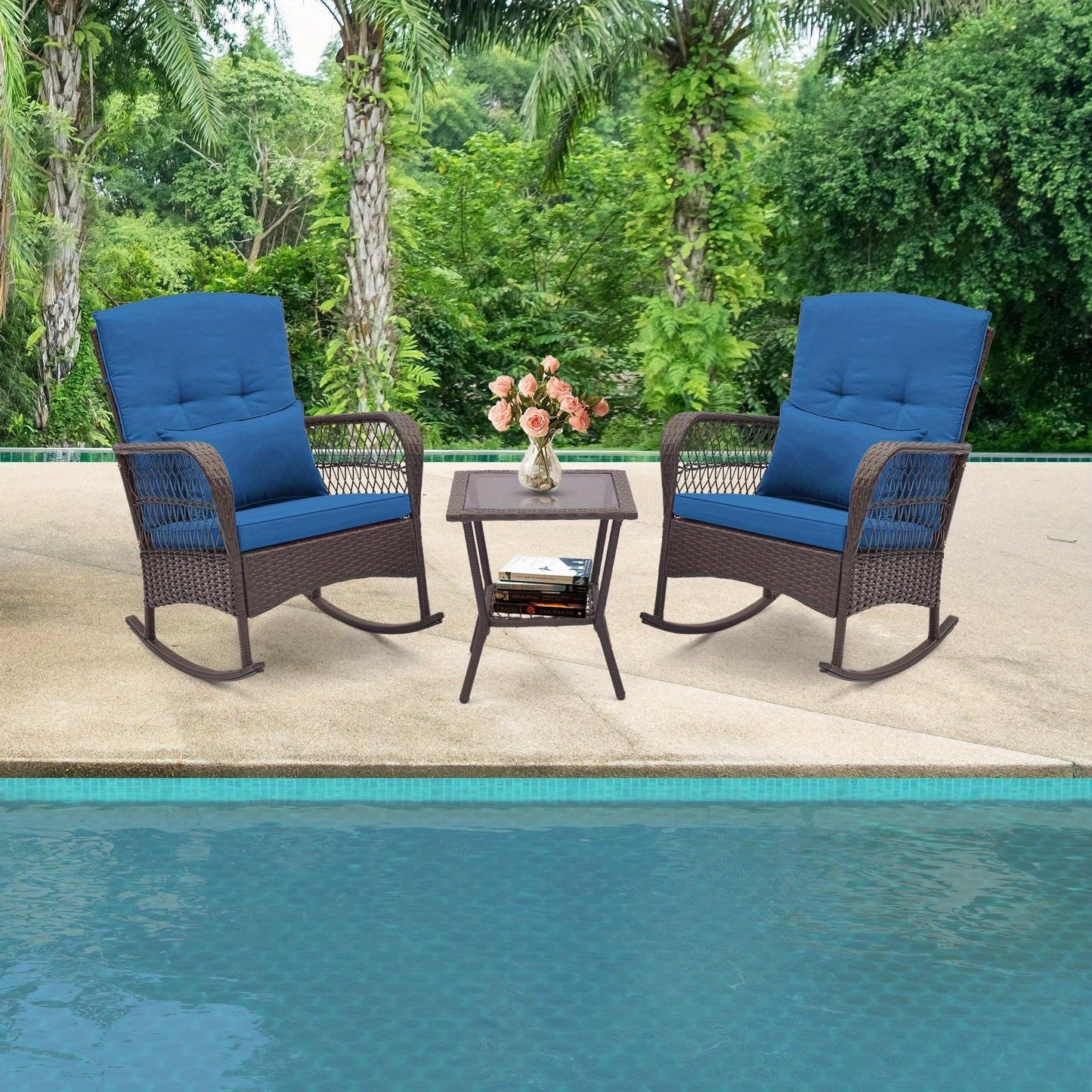 3pcs Patio Rocker Set, Outdoor Wicker Rocking Chairs w/ Double-Layer Coffee Table, Rattan Rocker Chair Set w/ Seat Back Cushions & Pillows, for Porch, Backyard, Poolside.