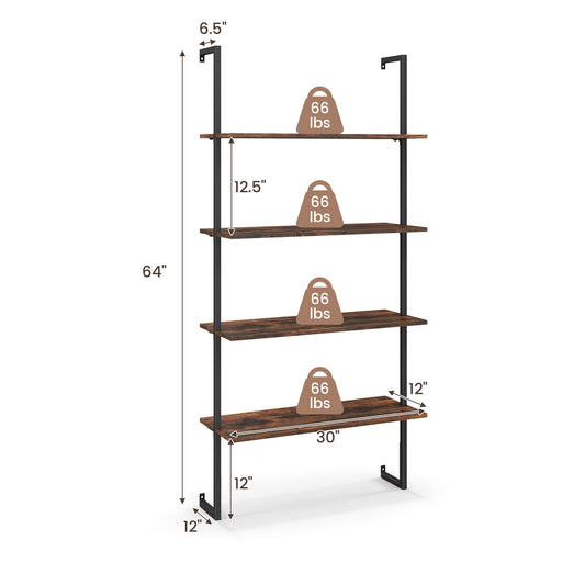 4-Tier Bookshelf, Wall-Mounted Ladder Shelf with Metal Frame, Industrial Display Storage Shelf for Study, Living Room & Kitchen, Brown