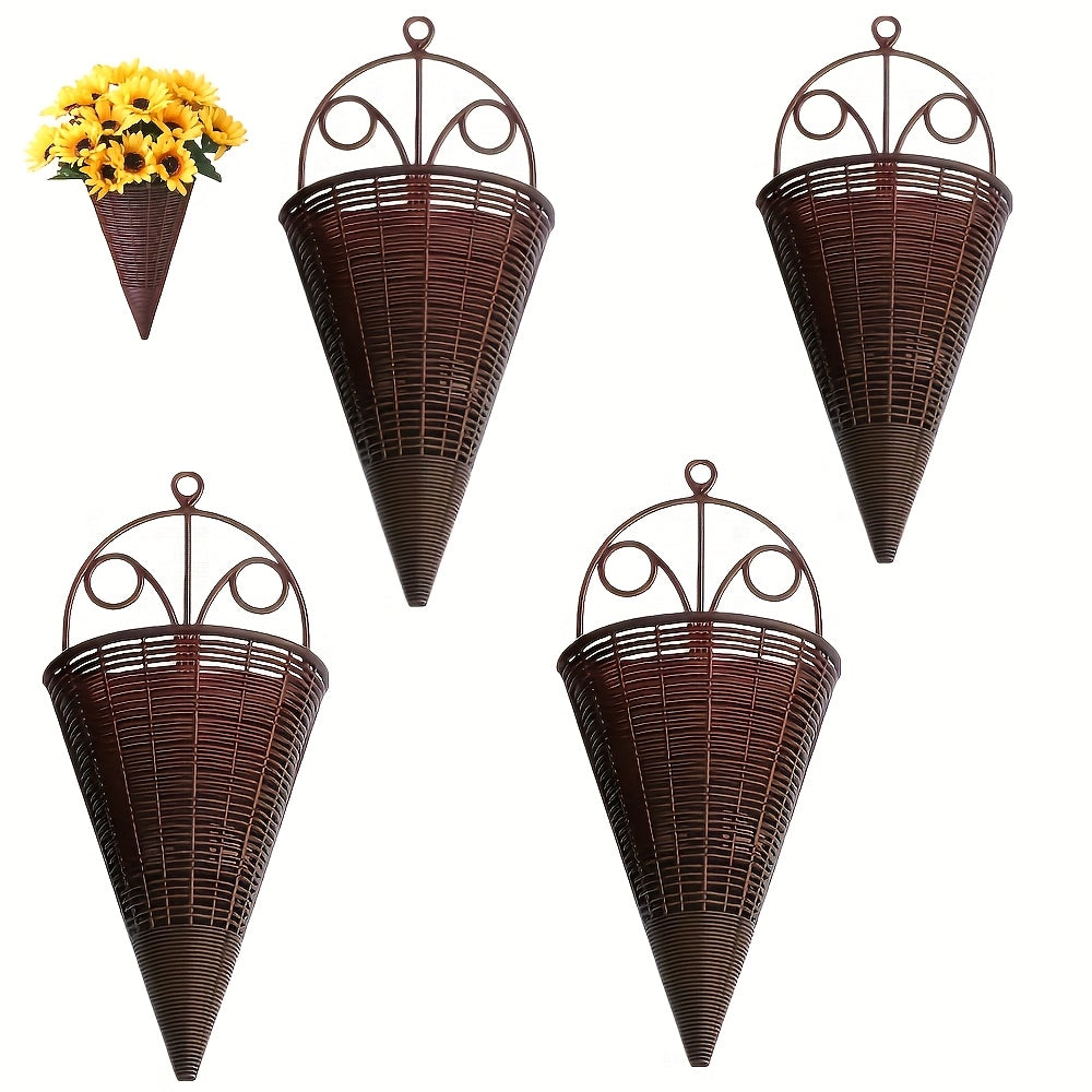 16pcs Rattan-Style Woven Wall Hanging Planters - Lightweight Plastic Cone-Shaped Flower Baskets with Decorative Metal Rings, Indoor/Outdoor Wall-Mounted Vases for Balcony, Garden & Patio Decor