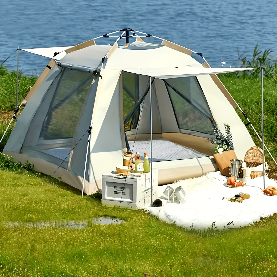 Family Camping Tent with Canopy - Quick Setup, Windproof, All-Season Design with Mosquito Netting & UV Protection, Durable Oxford Fabric, Beige Multi-Band Sunshade, Ideal for Outdoor Adventures & Camping Accessories, Allseason Camping