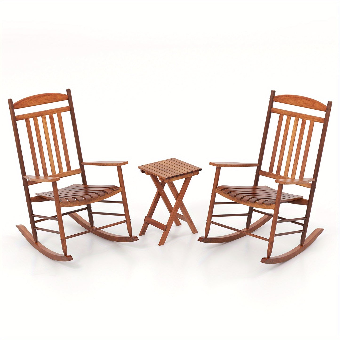 3pcs COSTWAY Outdoor Poplar Wood Rocking Bistro Set with Armrests, High Back Chairs & Folding Coffee Table - Ideal for Patio, Porch, Garden Relaxation, Outdoor Patio Furniture