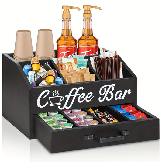 1pc Rustic Black Wooden Coffee Bar Organizer with Drawer - Multi-Compartment Countertop Storage for Coffee Pods, Condiments & Accessories, Includes Shelf Baskets, Perfect for Kitchen & Dining Decor, Coffee Bar Accessories