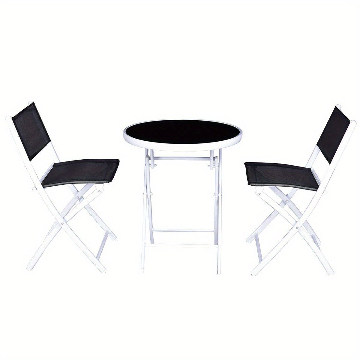 3pcs Elegant Folding Bistro Set with Black Tempered Glass Top - Durable Metal Frame & Textile Fiber Seats, Easy Clean - Ideal for Patio, Garden, Deck - No Assembly Required, Outdoor Patio Furniture