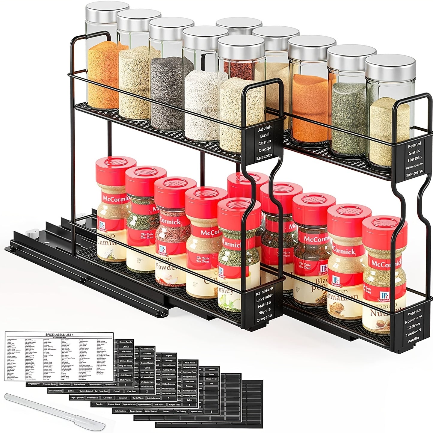 2pcs Spice Rack Organizer For Cabinets, Heavy Duty Slide Out Design With Labels, 5.2" W X 10.75" D X 10" H, No Jars