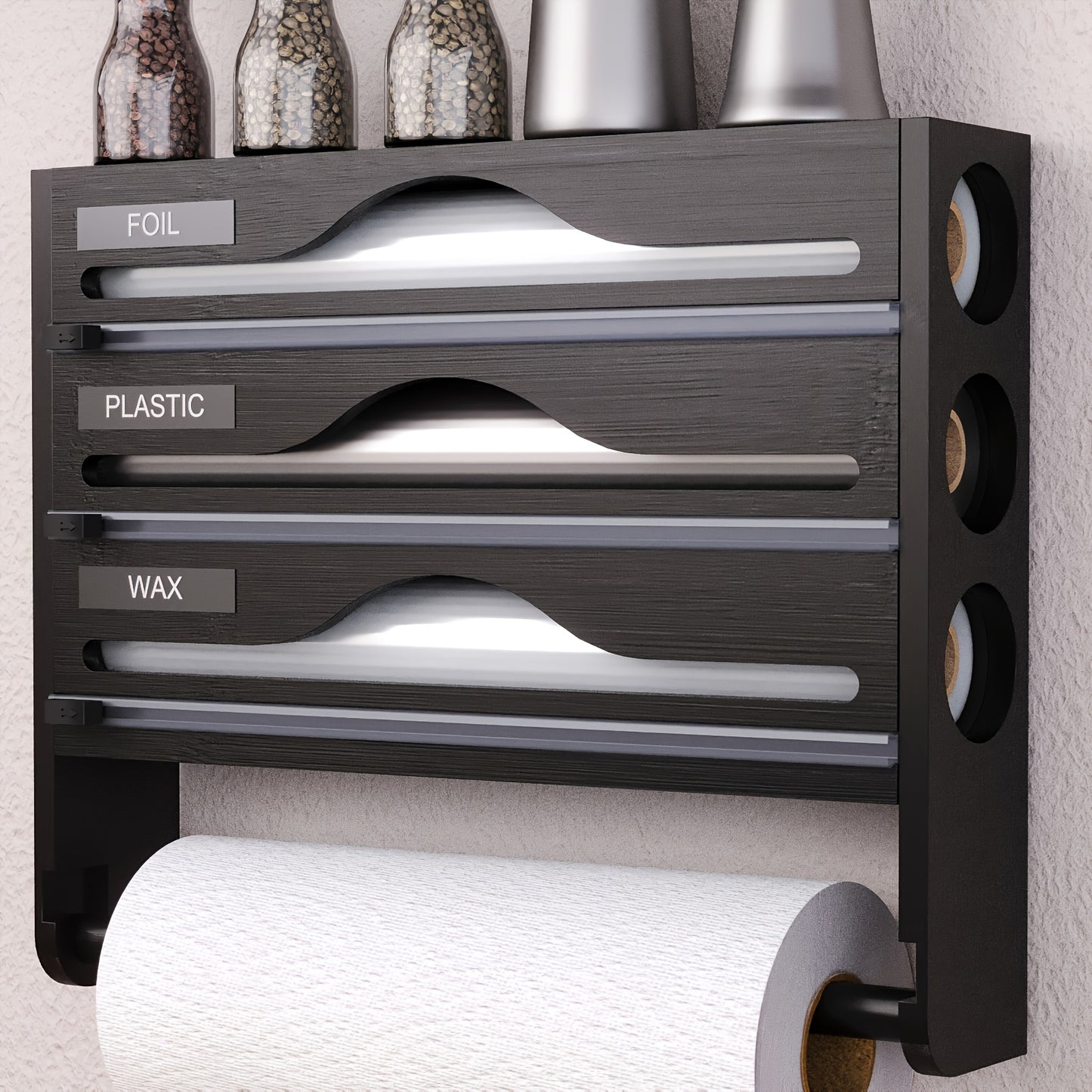 3-Section Bamboo Wrap Dispenser - Kitchen Organizer with Paper Towel Holder, Cutter, and Storage Rack for Foil, Plastic Wrap, Wax, and Accessories - High-Quality, Hand Wash Only, Multi-Purpose Use, Kitchen Storage Solution | Sleek Bamboo Design |