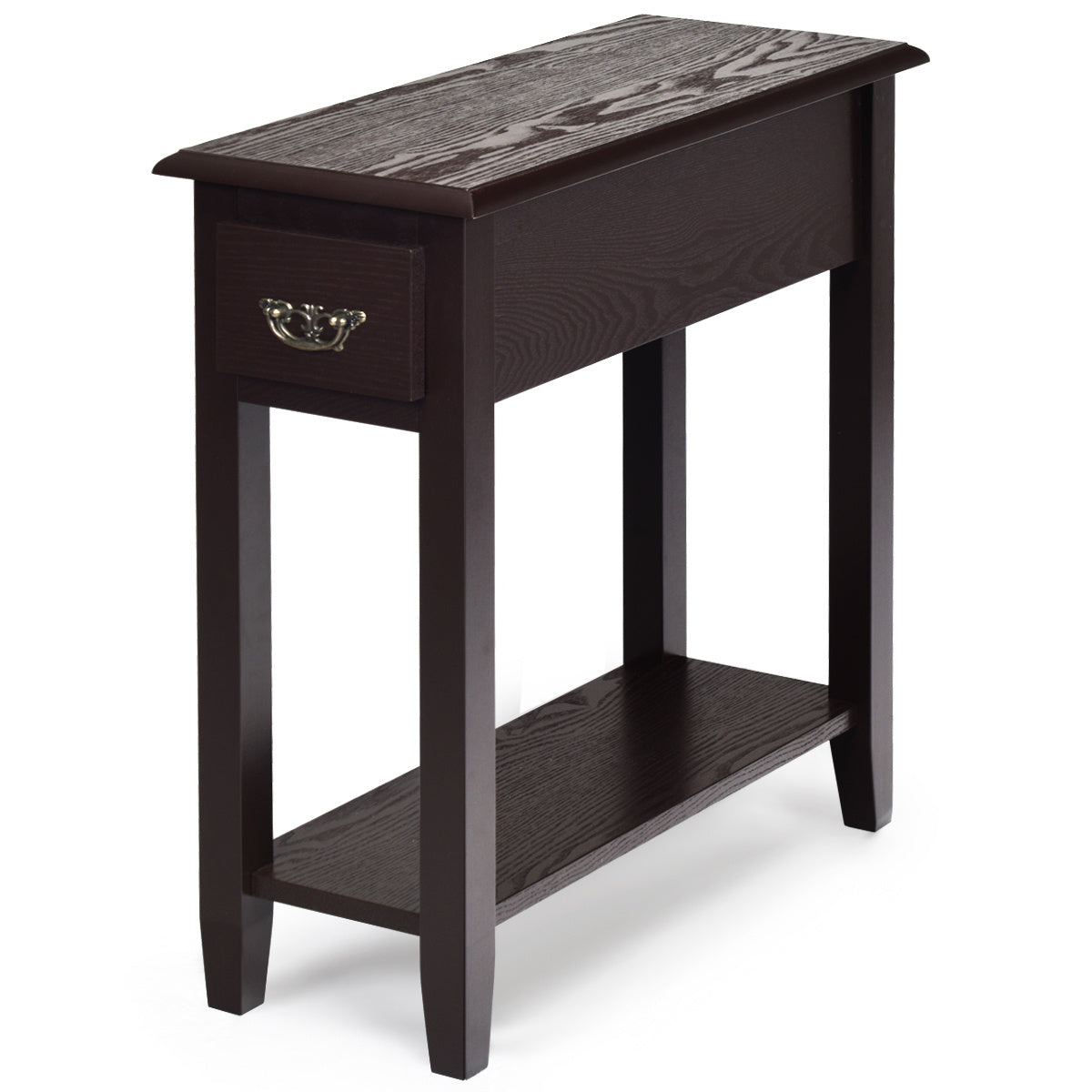 2-Tier COSTWAY Side Table - Storage Drawer, Lower Shelf, Easy Assembly, Sturdy Rubber Wood Legs for Small Spaces (Bedroom, Living Room, Entryway)