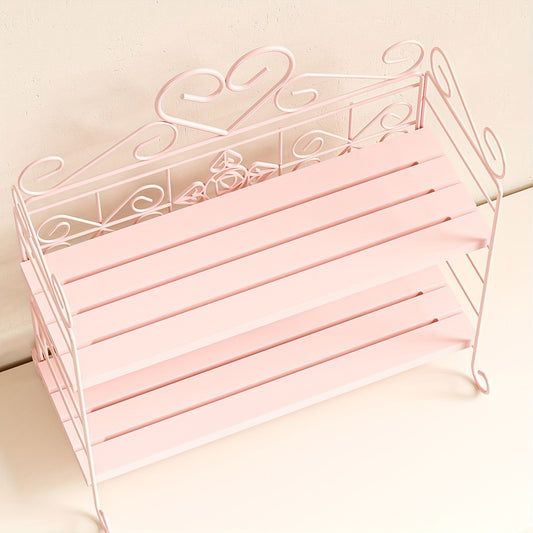 2- Shelf Foldable Metal/Wood Storage Organizer For Bedroom Kitchen Bathroom Living Room Garden Storage Shelf, White/Pink, Utility Racks