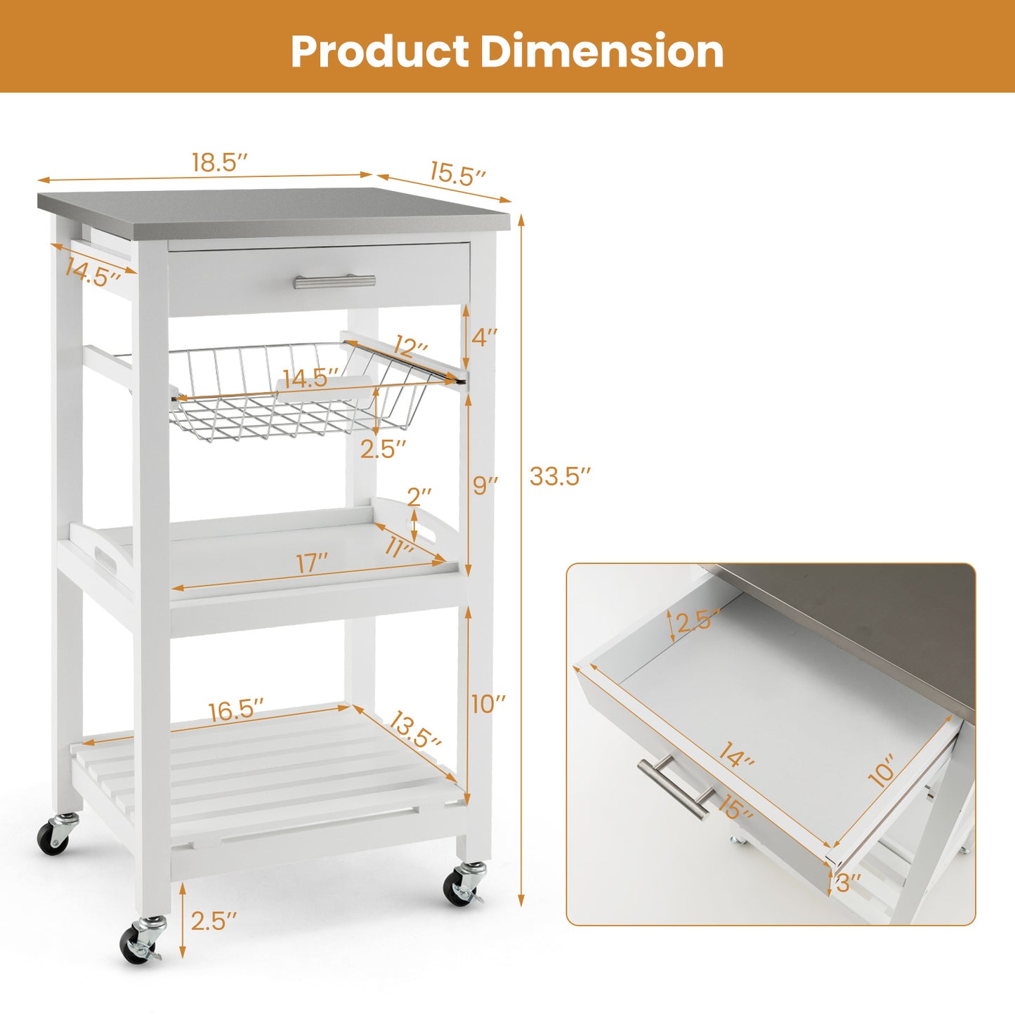 Kitchen Island on Wheels, Rolling Kitchen Cart with Stainless Steel Countertop, Slide-out Metal Wire Basket, Serving Tray, Lockable Casters, Utility Storage Trolley for Kitchen, Dining Room