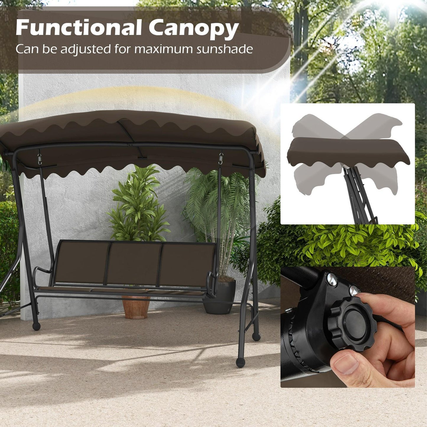 3-Seat Outdoor Swing, Porch Canopy Swing w/ Adjustable Shading, Heavy-Duty Metal Frame & Breathable Seat, Patio Sunset Hanging Swing for Backyard, Poolside, Balcony