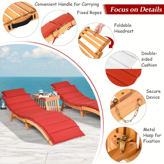 3pcs Wooden Folding Patio Lounge Chair Table Set, Red/White Cushion Pad Pool Deck