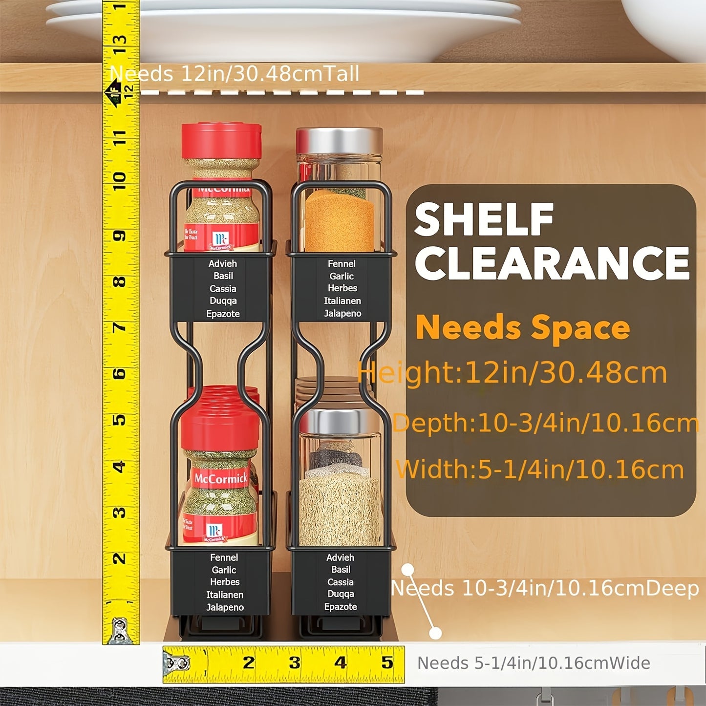 2pcs Spice Rack Organizer For Cabinets, Heavy Duty Slide Out Design With Labels, 5.2" W X 10.75" D X 10" H, No Jars