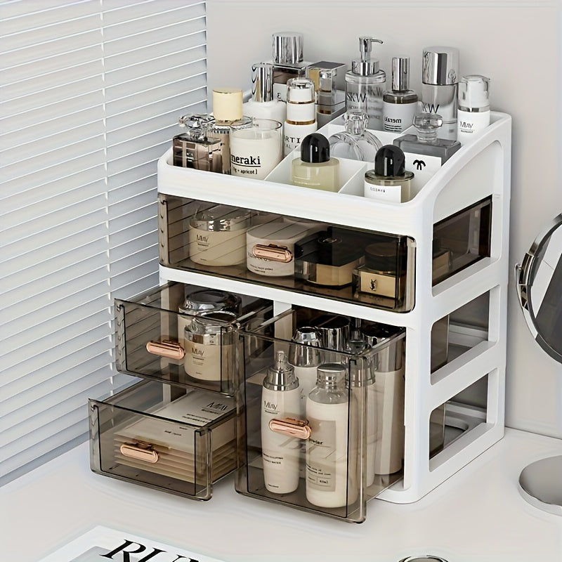 Elegant 3/4-Tier Polished Plastic Cosmetic Organizer for Women - Hypoallergenic, Dustproof Makeup & Skincare Storage Case with Drawers, Large Capacity Display for Perfume, Creams, Masks - No Assembly Required