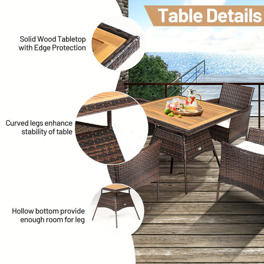 5pcs Patio Dining Set with Acacia Wood Table and PE Rattan Arm Chairs, Mixed Brown & Off White, Patio Dining Table Set, Wooden Table Top