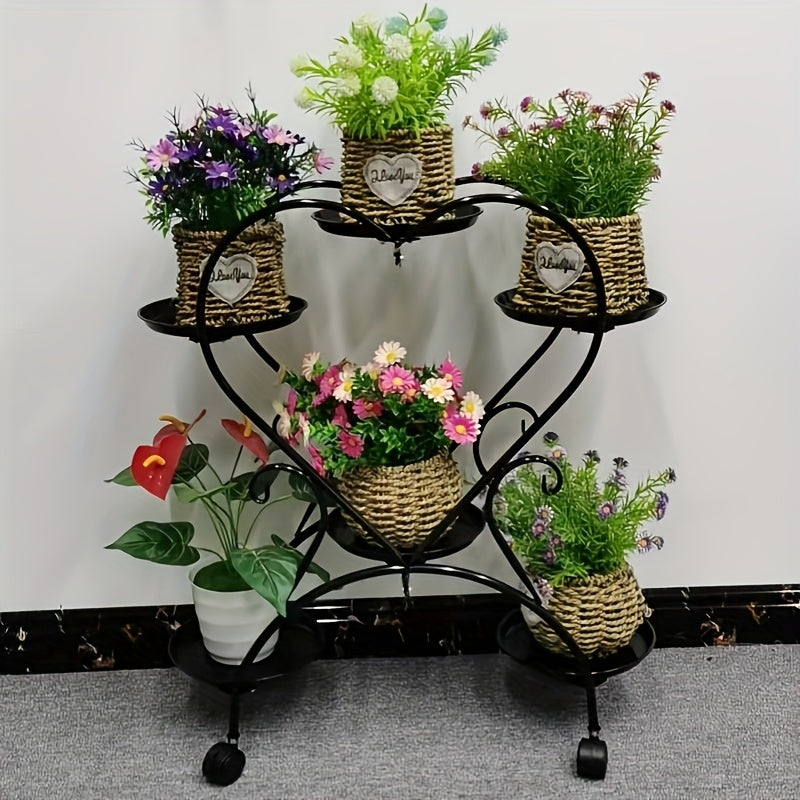 Contemporary Heart-Shaped Metal Plant Stand - Multi-Level Hanging Planter Shelf With Multiple Components, Versatile Indoor And Outdoor Floral Decor Display