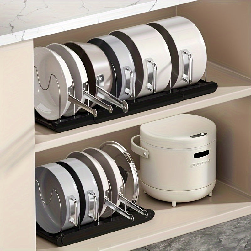 Expandable Pot Lid Organizer Rack, Adjustable Kitchen Cabinet Storage with Drain System, ABS Dishware Tiered Shelf for Cabinet, Countertop, Under Sink Organization Christmas, Halloween Gift