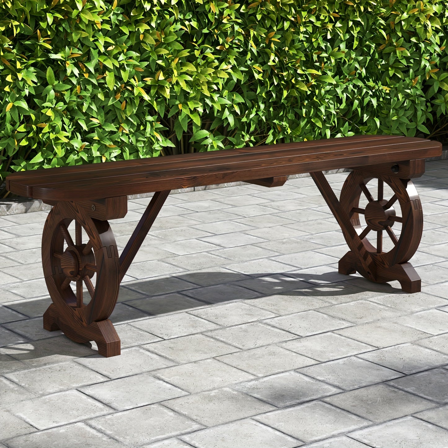 Patio Wood Bench, Outdoor Rustic Wagon Wheel Bench, 2-Person Wooden Outdoor Bench For Patio, Garden, Porch, Park, 710 Lbs Weight Capacity, Brown