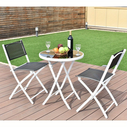 3pcs Elegant Folding Bistro Set with Black Tempered Glass Top - Durable Metal Frame & Textile Fiber Seats, Easy Clean - Ideal for Patio, Garden, Deck - No Assembly Required, Outdoor Patio Furniture