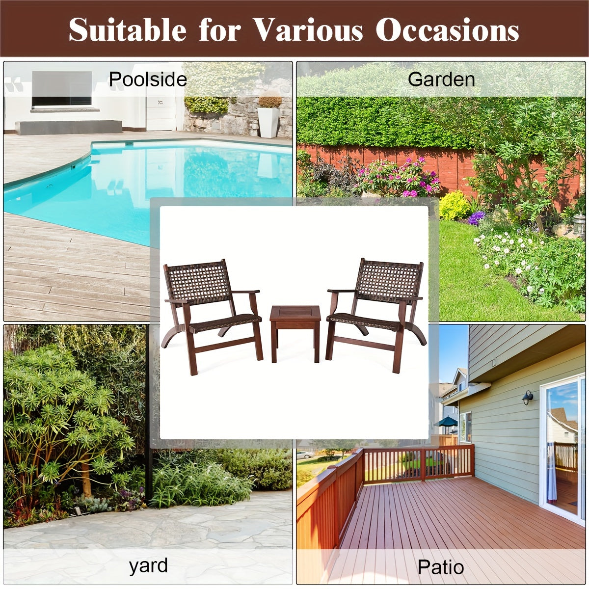 3pcs Outdoor Patio Rattan Furniture Set, Solid Wood Frame Chair And Coffee Table