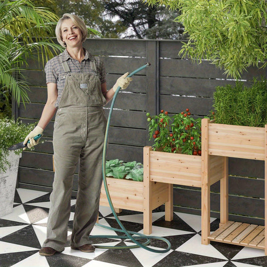 3-Tier Raised Wooden Garden Bed with Drainage System & Open Storage Shelf - Natural Fir Wood Planter Boxes for Flowers, Vegetables, and Herbs - Spacious Outdoor Gardening Solution for Easy Plant Care